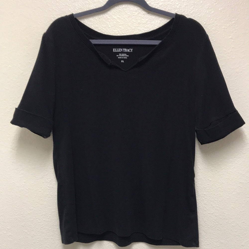 Ellen Tracy Black Short Sleeve Pullover Top with Cuffed Sleeves Cut Out Neck
